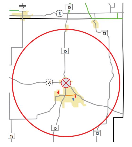 The diagram shows a map of roads.  It contains a red outer circle and an inner circle with an X in it that intersects Route 30 and Route 15.  It illustrates roadway segments attributed to fuel vendor.