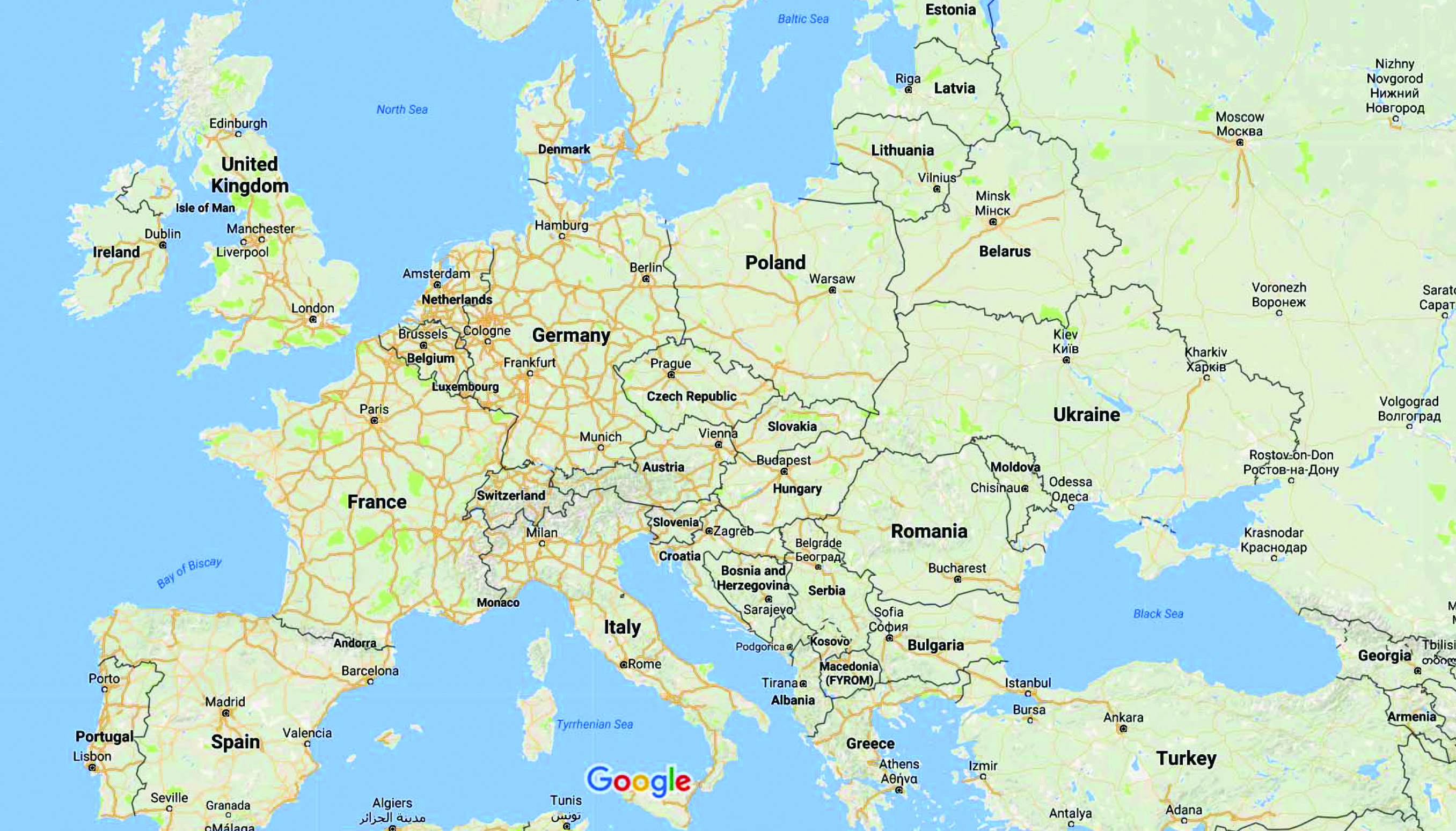 Displayed is a Google Map of the major roadways in Europe.  The most major roadways appear in Germany, France and Italy, with the other countries having far fewer major roadways in them.