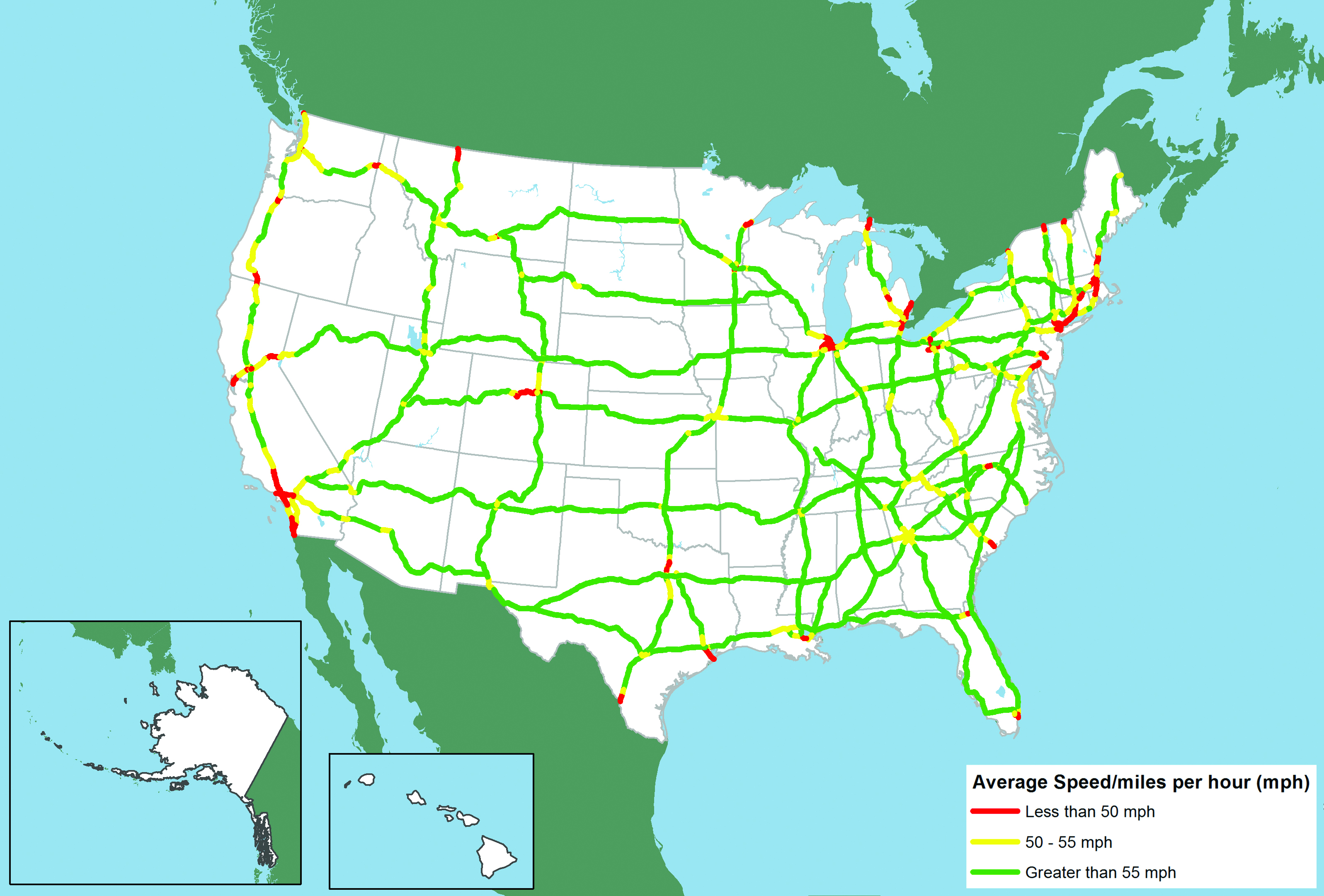 The image is a map of the speeds on interstates in the US.  Most sections of interstate are in green; denoting average speeds greater than 55 miles per hour.  There are a few yellow sections denoting average speeds between 50–55 miles an hour near cities such as Atlanta and Washington DC.  There are also some red sections denoting speeds less than 50 miles per hour.  These appear near major cities with the most red around Southern California and Eastern Seaboard cities like New York and Boston.