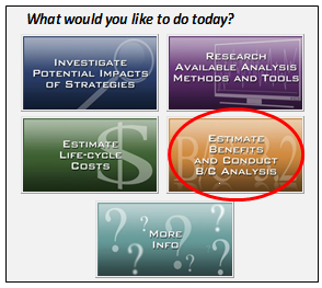 Screen capture of the TOPS-BC start page. The activity entitled "Estimate Benefits and Conduct B/C Analysis" is circled.