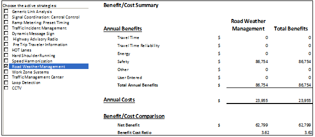 Screen capture of the broken out annual benefits and costs for a winter road closure analysis, including travel time, energy, safety, and other benefits.