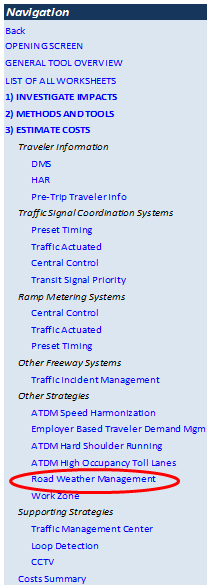TOPS-BC navigation column for the estimating costs function with the road weather management strategies option circled.