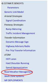 The TOPS-BC navigation column for estimating benefits with the road weather management strategies option circled.