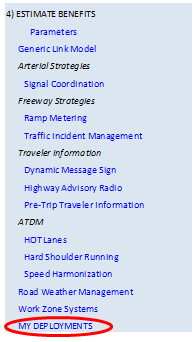 The TOPS-BC navigation column for estimating benefits with the my deployments option under the ATDM category circled.