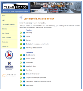 Home page of the Clear Roads benefit-cost analysis tool anti-icing selection.