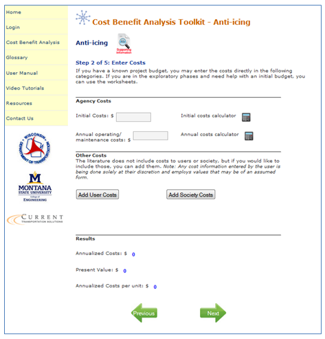 Screen capture of the Clear View anti-icing page in which the user enters project costs, including initial costs, annual operating and maintenance costs, and other costs, which include user and societal costs. 