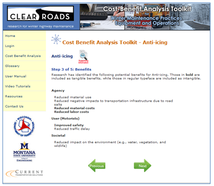Screen capture of the Clear Roads tool benefits page, which outlines the financial and material benefits identified based on the user's inputs.