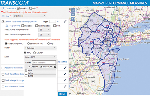 MAP-21 tool's interactive chart and map that allow users to view results for various performance measures.
