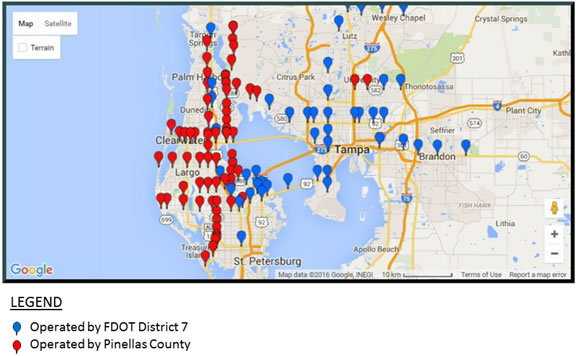 Map of Bluetooth deployment in the Tri-County Tampa Bay Region.  There are several red markers indicating operated by Pinellas County, especially on the isthmus.  Blue markers indicating operated by FDOT District 7 are more evenly distributed in the Tampa area.