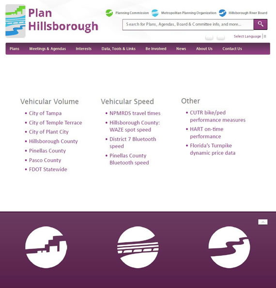 Screenshot of image of Plan Hillsborough website.  The site has a search area, a menu bar and subsections for Vehicular Volume, Vehicular Speed, and Other.