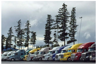 A long line of trucks parked side-by-side at a truck parking facility.