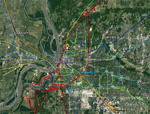 map of the Memphis metropolitan area with rail network, Interstate highways, and arterial connectors highlighted in different colors