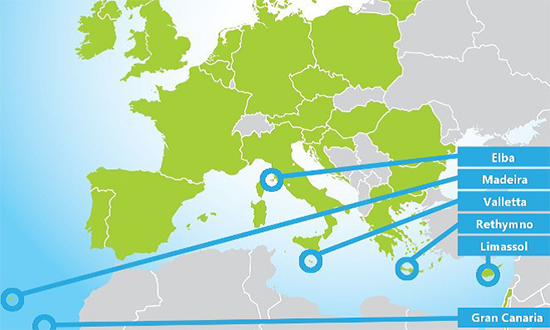 map of Europe marked to show CIVITAS DESTINATIONS pilot locations: Elba, Madeira, Valetta, Rethymno, Limassol, and Gran Canaria