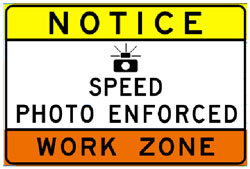 This image, from the Maryland Safezones program, notifies drivers that speed limits are photo enforced with automated cameras in the work zone.
