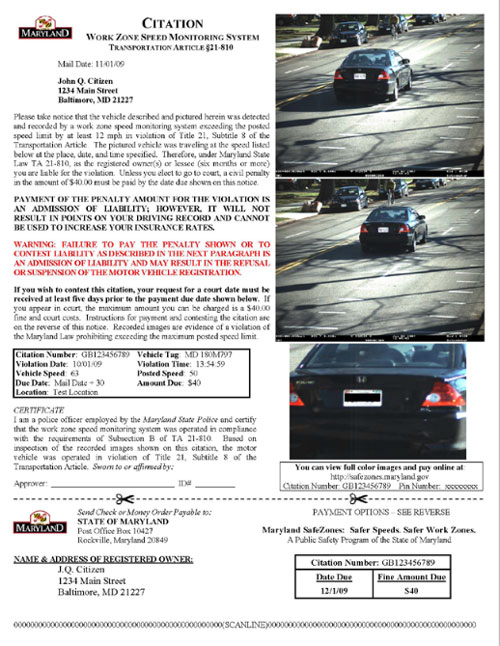 This image is an example of the speed limit violation citations that are issued through the Maryland Safezones automated speed enforcement program. The citation contains the photos of the car violating the speed limit, information on the car's detected speed and the posted speed limit, explanatory text on the nature of violation, and a section that can be cut out and sent in the mail to pay the citation.