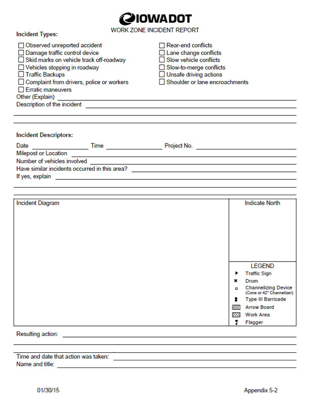 This image shows a sample Iowa Department of Transportation incident report form. The form asks users to select an incident type (for example, rear-end conflict, traffic backups, slow vehicle conflicts, etc.) and to give information on the data, time, location, number of vehicles involved, and whether similar incidents have occurred in the same location. The form also provides room to give addition descriptions of the incident, including room for drawing a diagram of the incident.