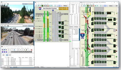 Illustration displaying the ATM software interface used in Seattle.  It shows camera feeds of the system along with a graphic use interface for the system with lane control signals and raodway congestion.