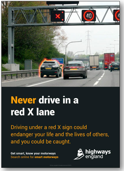 Illustration of the brochure developed by Highway England to educate the public on the use of the red X lane for shoulder use.