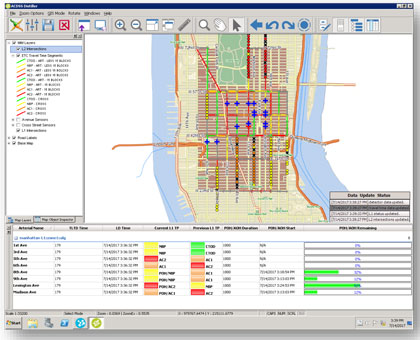 Screen shot of the application used in New York City to run the adaptive traffic signal control in the city.  It shows a street network in Manhattan and the signal operations in use in the region.