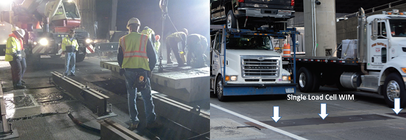 Two photos: Workers installing a WIM Scale and a roadway with trucks traveling over single load cell WIMs