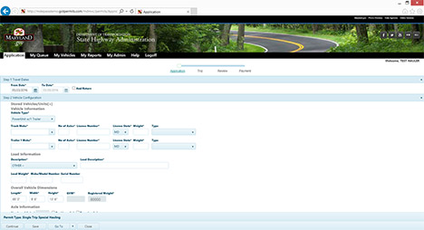 Figure 3. Maryland One automated oversize/overweight permit application screen shot.