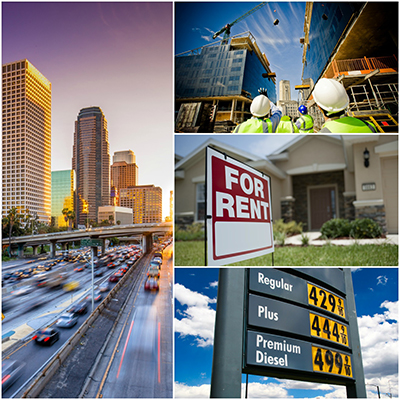 Report cover images: busy traffic along a downtown freeway; people in hard hats at a construction site for an office building; 'For Rent' sign in front of a residential home; and a sign quoting prices at a gas station