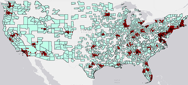 This figure shows a United States map of traffic monitoring locations included in FHWA TMAS, and also shows the 51 selected metropolitan areas included in the analysis.