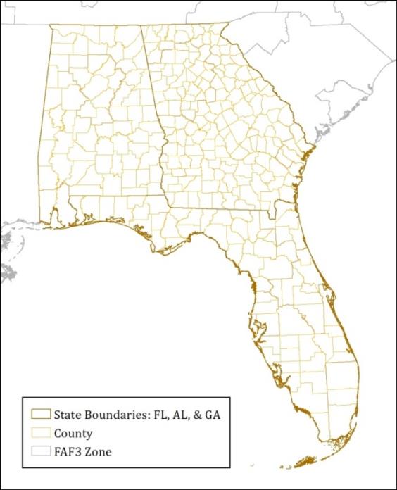 This figure shows FAF zones, counties in Florida, Georgia and Alabama and state coundaries. County boundaries are in light brwon for easier visibility and the colors do not have any other meaning.