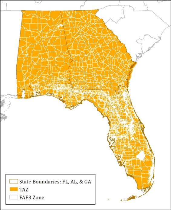 This figure shows FAF zones, statewide TAZs in Florida, Georgia and Alabama and state boundaries. TAZ boundaries are in orange for easier visibility and the colors do not have any other meaning.