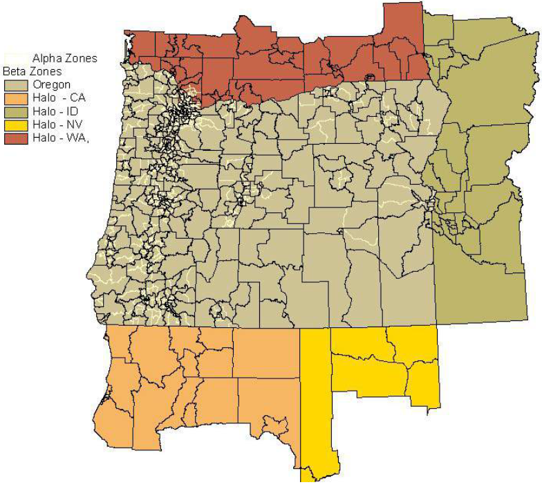 This figure shows the SWIM modeled area zone system. Oregon zones are in light grey, the halo area in Washington state is in red, the halo area in Nevada is in yellow, the halo area in Idaho is in green and the halo area in California is in orange. Zones are colored differently for easier visibility and do not have any other meaning.
