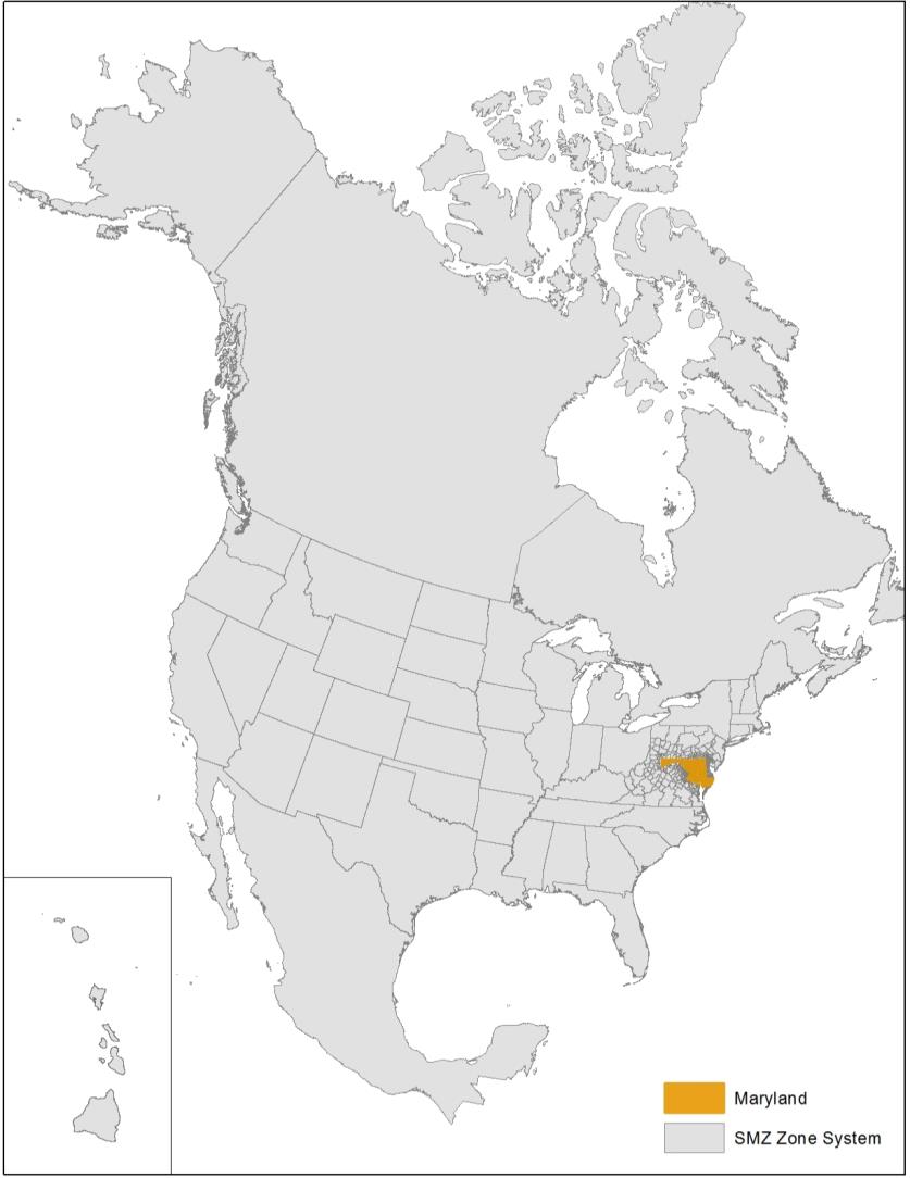 This figure shows North American extent of MSTM zones. Maryland zone are in orange and SMZ zones are in grey. The colors are for easier visibility and do not have any other meaning.