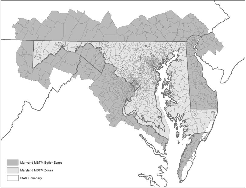This figure shows Maryland and halo extent of MSTM zones. Maryland MSTM buffer zones are in dark grey, Maryland MSTM zones are in grey. The colors are for easier visibility and do not have any other meaning.