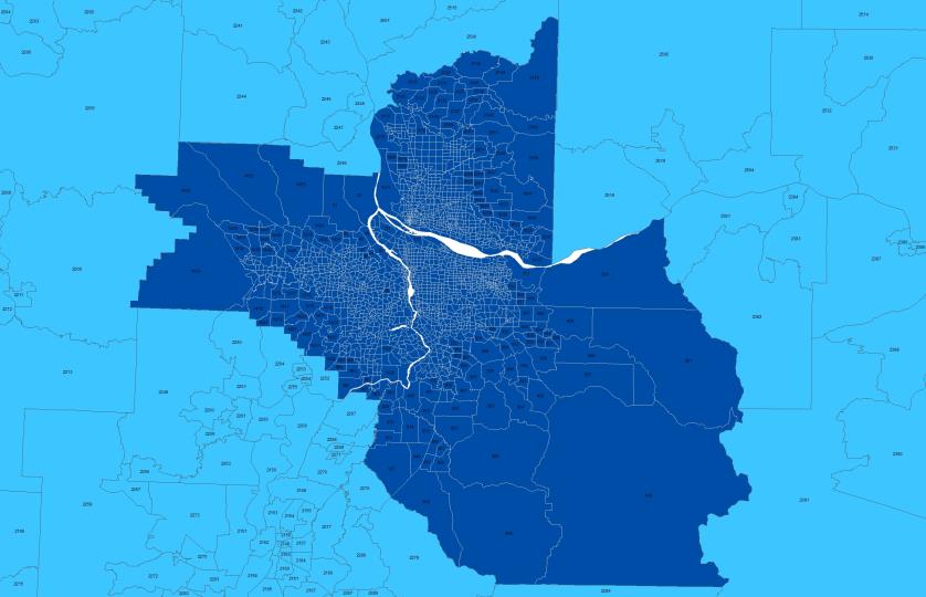 This figure shows Portland Metro model zone system in Metro model region. Oregon and surrounding states zones are in blue and Metro model region zones are in dark blue. The colors are for easier visibility and do not have any other meaning.