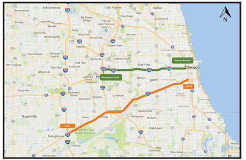 Figure 1: Map of Illinois DOT RCPW toll lane project study areas. The HOT lane study area shown in orange represents I-55 between I-255 and I-90/94. The HOT lane study area shown in orange green represents I-290 between Mannheim Rd. and Racine Ave.