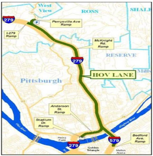 Figure 3: Map of Pennsylvania DOT HOV to HOT lane study area. The study areas are shown in green and represent I-279 between the I-579 interchange and Perrysville Ave., inclusive of the ramps at Perrysville Ave., McKnight Rd., Anderson St., and Stadium Dr., as well as the stretch of I-579 south spanning the interchange with I-279 and the Bedford Ave. ramp.