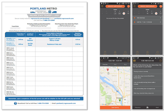 Combination image shows example of a paper travel log survey for commercial vehicle driver participants and screen captures of a smart phone survey tool.