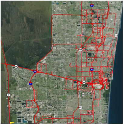 Satellite map of Broward county with tanker truck routes highlighted in red.