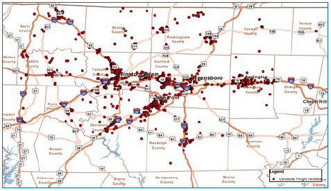 A map of the Piedmont Triad region depicting the locations of freight facilities captured in the freight node database. Locations are indicated by dots.