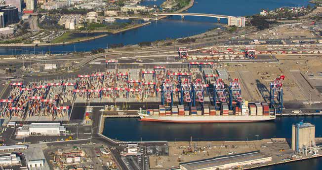 aerial photo of a container ship docked at Long Beach's Middle Harbor Terminal