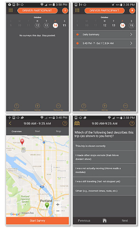 An example of a smartphone-based travel log survey for commercial vehicle driver participants.