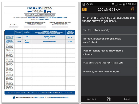 Screen capture of a daily travel log from the Portland Metro Commercial Travel Survey and a screen capture of a smart phone application used for mobile surveys.