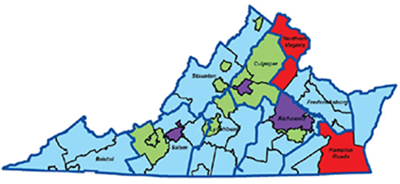 map of Virginia with each county color-coded to match which weighting category they are assigned to