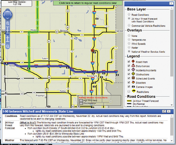 Part of a joint FHWA and South Dakota DOT project focused on providing motorists new road condition information and 24-hour road condition forecasts to the public through their traveler information systems.  This is a screenshot from the website highlighting a section of roadway along with the information available about roadway and weather conditions.
