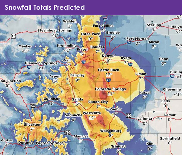 Figure 2. A map of Colorado showing the predicted snowfall totals.
