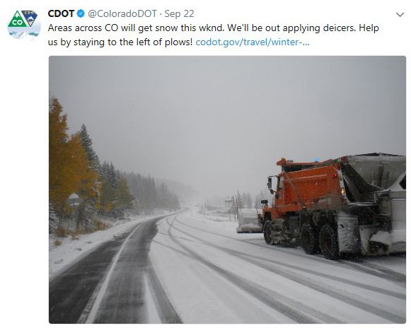Figure 4. A screenshot, from CDOT's Twitter account, showing an informative message for travelers and a snowplow on snowy roads.