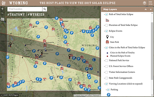 Figure 1. A map of Wyoming showing the best places to view the 2017 solar eclipse.  Blue circles with white letter P indicate where to park.