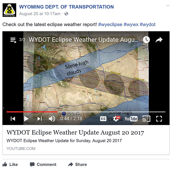 Figure 3. A screenshot from the WYDOT Facebook page showing a detailed weather forecast for the day of the solar eclipse.