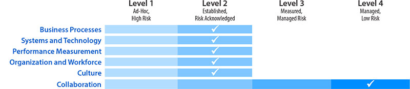 The Capability Maturity Model self-assessment framework contains six dimensions of capability. Three are process oriented:  Business Processes, Systems and Technology, and Performance Measurement. The remaining three are institutional: Organization and Workforce, Culture, and Collaboration. With Maricopa County, Collaboration falls in Level 4, which is Managed, Low Risk. All others fall in Level 2, which is Established, Risk Acknowledged.