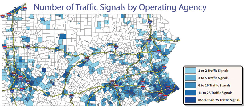 Map showing the number of traffic signals by operating agency light blue- 1 or 2 traffic signals, corelian blue - 3 to 5, medium blue - 6 to 10, navy blue - 11 to 25, and dark blue - more than 25 signals.