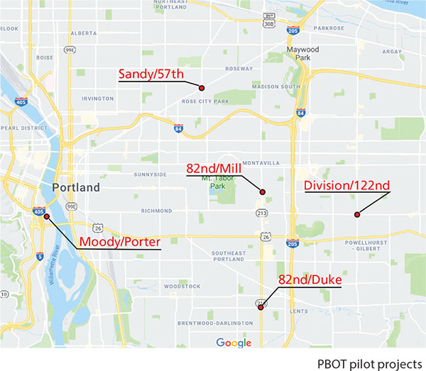 Google map showing PBOT pilot projects around the Portland area